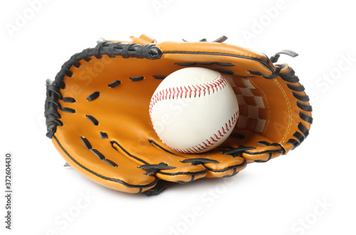 Leather baseball glove with ball isolated on white