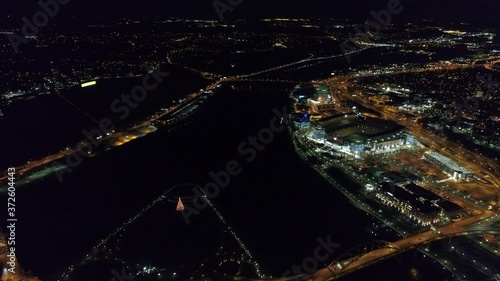 Downtown Pittsburgh Illuminated City Skyline PPG Building at Night Aerial with Water Reflection 4K photo