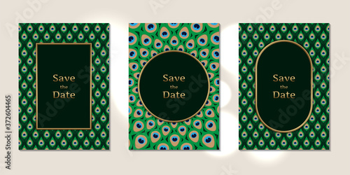 Wedding invitation cards peacock feathers pattern with gold frame template