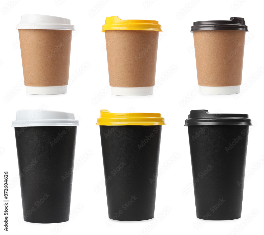 Set of paper coffee cups on white background Set of paper coffee cups on white background