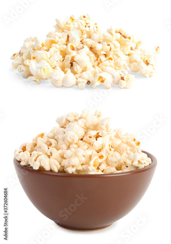 Collage with tasty popcorn on white background
