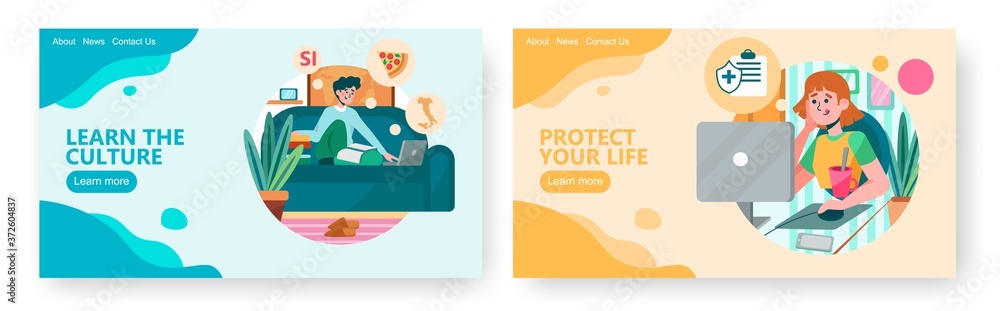 Man plans his trip to Europe and learn about new country. Woman buys health insurance online. Concept illustration. Vector web site design template Man plans his trip to Europe and learn about new country. Woman buys health insurance online. Concept illustration. Vector web site design template
