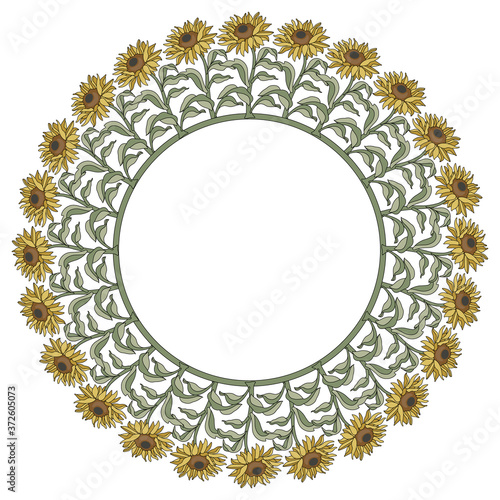 Round floral decor or frame. Wreath of sunflower branches.