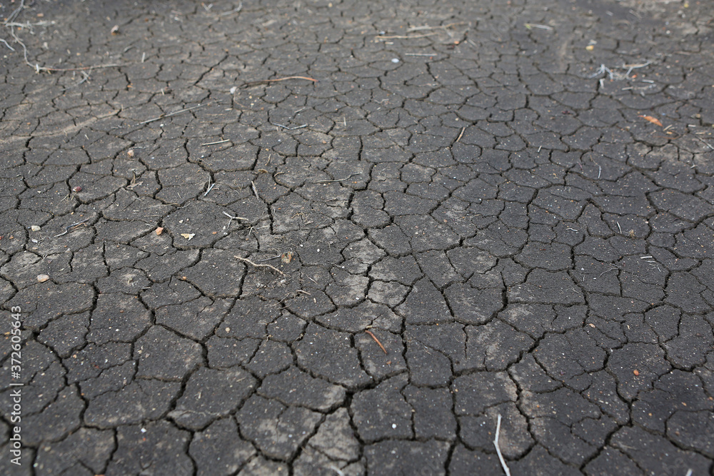 Crack earth and dry black soil. Drought on the ground
