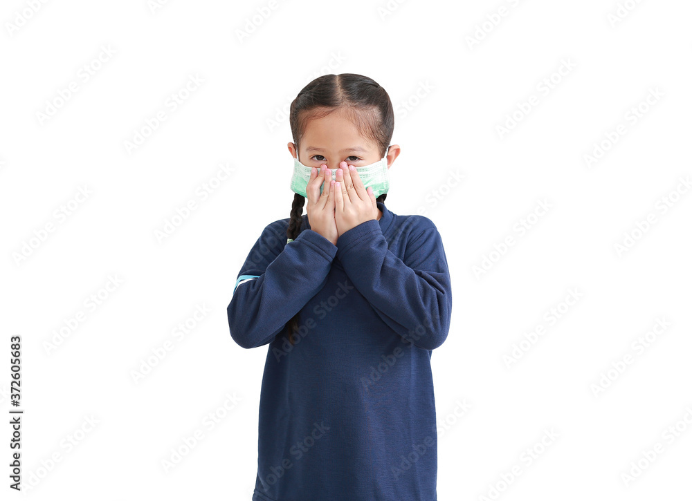 Portrait asian little kid girl with wearing medical mask isolated on white background Portrait asian little kid girl with wearing medical mask isolated on white background