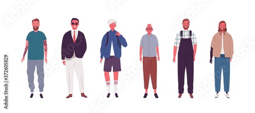 Set of modern male person different ages vector flat illustration. Collection of various man - teenager, old, hipster, fashionable, disabled, casual isolated. Social diversity or community member