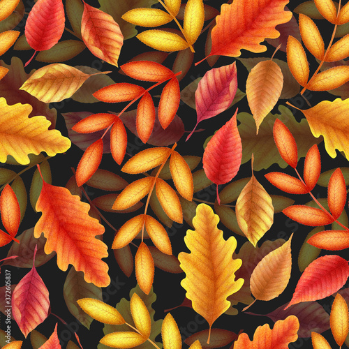 Seamless watercolor pattern with hand drawn autumn leaves and branches isolated on black background. Botanical illustration for textile  print  invitation  card  wallpaper  home decor  fabric