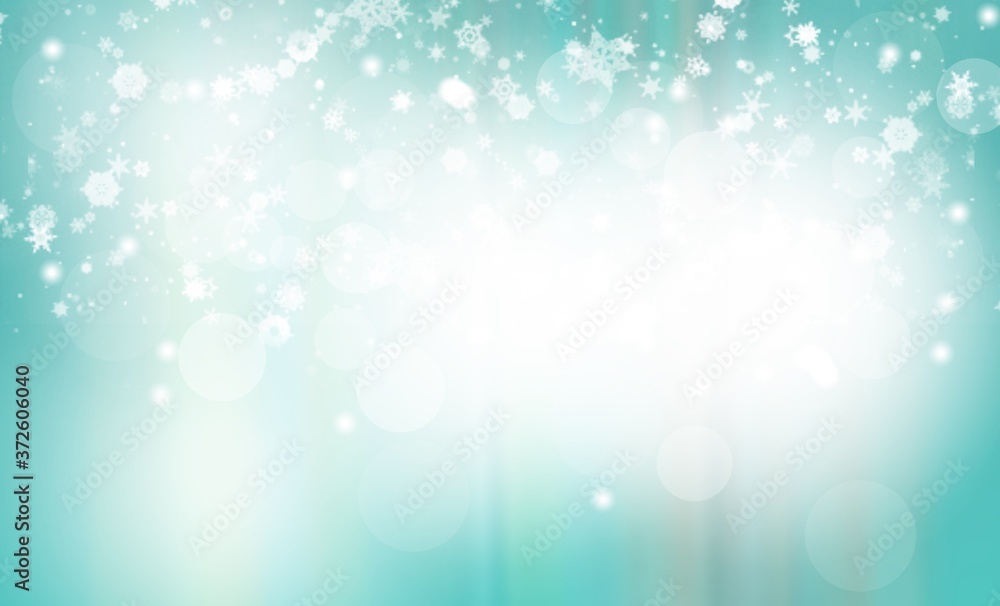Blue green abstract background with white bokeh stars snowflakes blurred beautiful shiny light, use illustration card Christmas new year wallpaper backdrop and texture your product. Blue green abstract background with white bokeh stars snowflakes blurred beautiful shiny light, use illustration card Christmas new year wallpaper backdrop and texture your product.