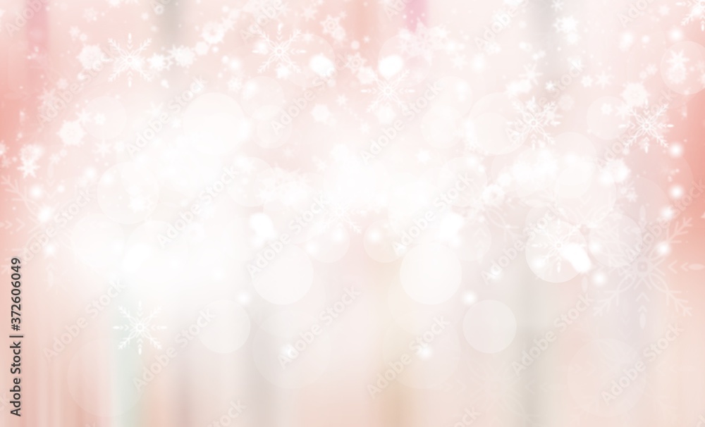 Pink pastel abstract background with white bokeh stars snowflakes blurred beautiful shiny light, use illustration card Christmas new year wallpaper backdrop and texture your product.