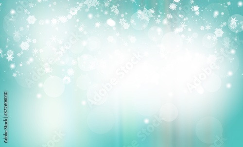 Blue green abstract background with white bokeh stars snowflakes blurred beautiful shiny light, use illustration card Christmas new year wallpaper backdrop and texture your product.