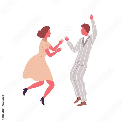 Man and woman performing retro dance elements vector flat illustration. Coupl...