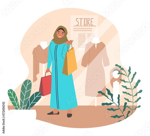 Beautiful muslim woman with shopping bags, flat vector illustration. Young arab girl wearing traditional arabic dress and hijab shopping in retail clothing store, fashion boutique.