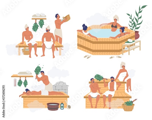 People enjoying wellness and relaxation water procedures in russian steam bath, finnish sauna, japanese hot spring bath, flat vector isolated illustration. Spa resort sauna bathhouse body care therapy