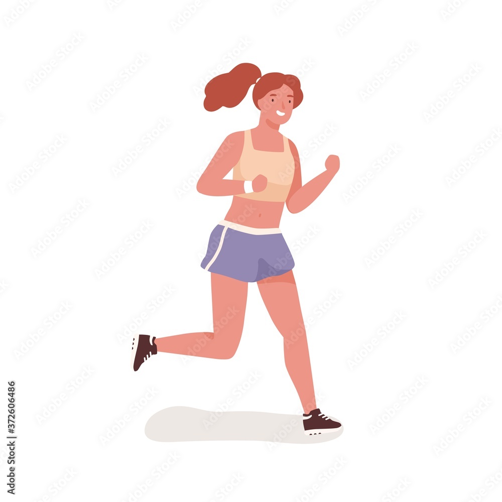 Smiling sportswoman enjoying outdoor physical activity vector flat illustration. Happy girl in sportswear running isolated on white. Active female jogger having warm up before training