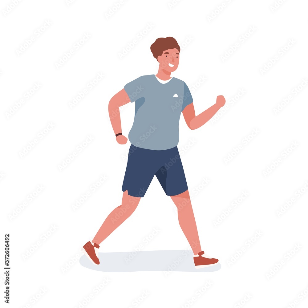 Smiling young man jogging vector flat illustration. Happy sportsman wearing sportswear during running isolated on white background. Joyful male enjoying healthy lifestyle or sports activity Smiling young man jogging vector flat illustration. Happy sportsman wearing sportswear during running isolated on white background. Joyful male enjoying healthy lifestyle or sports activity