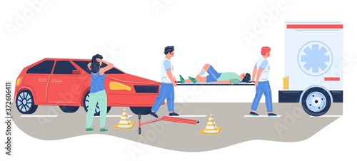 Young man was hit by car. Paramedic emergency medical team rescuing injured patient and transporting him to hospital on stretcher by ambulance car, vector flat illustration. Road traffic accident.