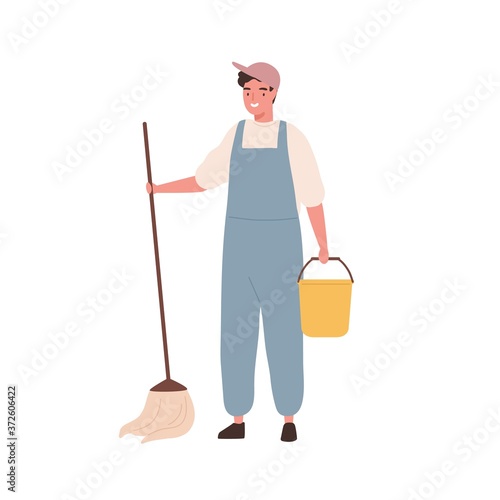 Guy cleaning staff with mop and bucket vector flat illustration. Happy male janitor in cap and uniform with equipment for washing floor isolated. Man professional house worker or office cleaner