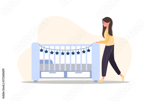 Cot icon. Young girl stands at the crib. Simple element from baby things icons collection. Creative baby cradle for ui, ux, apps, software and infographics. Vector illustration in flat style.
