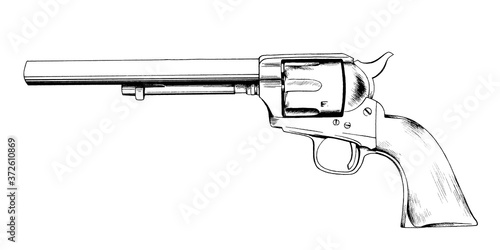a big revolver with a handle, a fighting weapon, from the Wild West, hand-drawn in ink