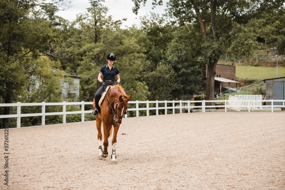 Female equestrian in uniform riding chestnut horse on sand arena during dressage on cloudy day Female equestrian in uniform riding chestnut horse on sand arena during dressage on cloudy day
