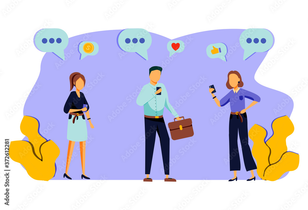 Social Networking Virtual Relationships Concept. Flat People Characters Chatting via Internet Using Smartphone. Group of Man and Woman with Mobile Phones. 