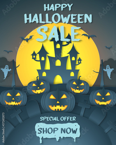 Happy Halloween sale banner  party invitation  special offer  dark pumpkin head on hill with graveyard  ghost  moon and text  paper art style