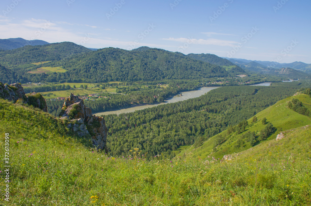 Stone rock against the backdrop of mountains and river Altai beautiful landscape in summer