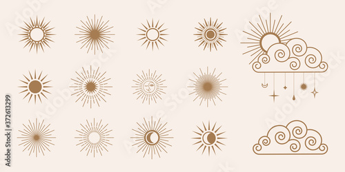 Retro Sunburst shapes and clouds. set of sun symbols vector illustration of sun and clouds