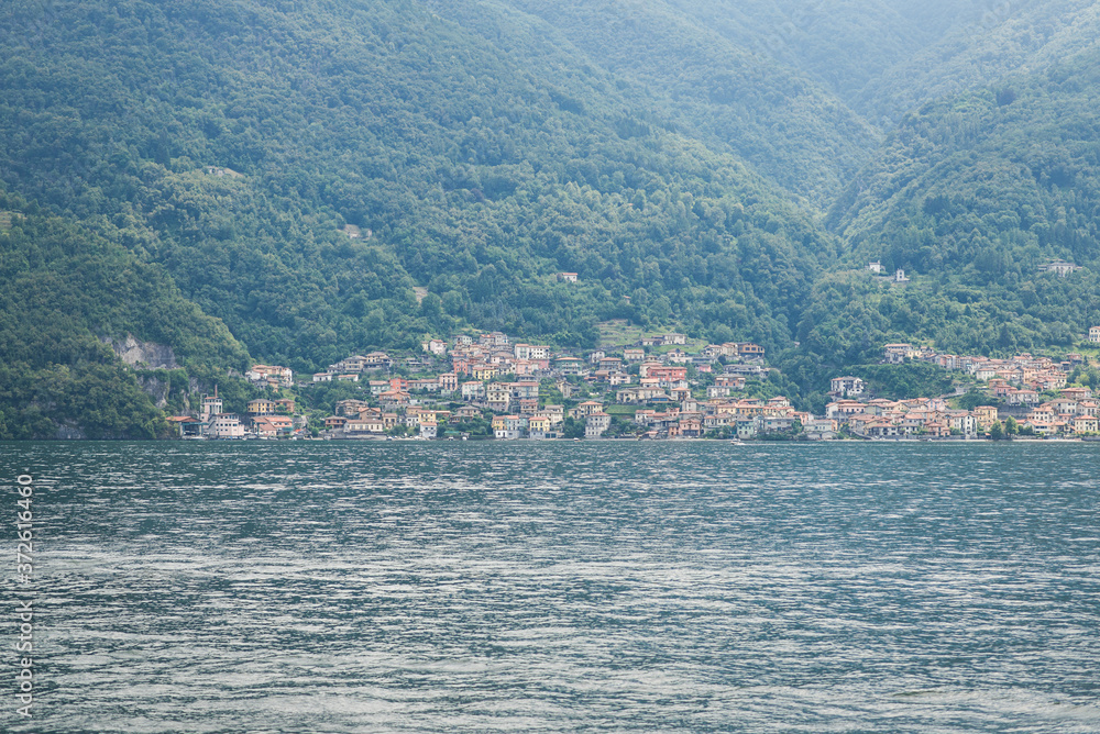 Panorama at Lake Como. Lezzeno Town on Background.