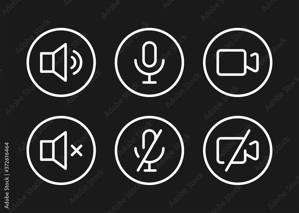 Speaker, Mic and Video Camera related white icons. Basic icons for Video Conference, Webinar and Video chat on black background. Speaker, Mic and Video Camera related white icons. Basic icons for Video Conference, Webinar and Video chat on black background.