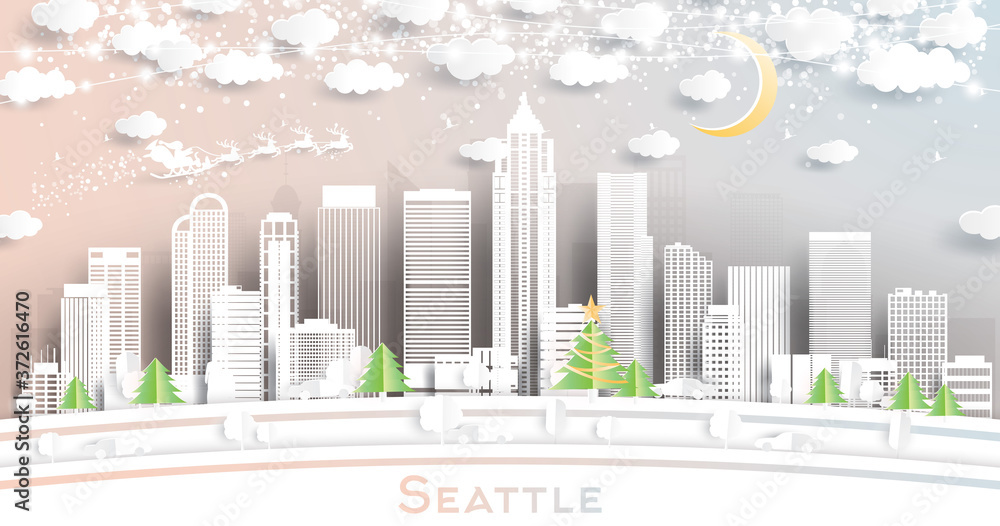 Seattle Washington USA City Skyline in Paper Cut Style with Snowflakes, Moon and Neon Garland.