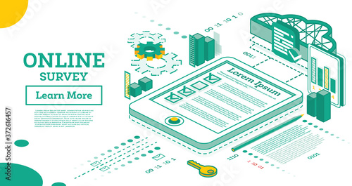 Online Survey. Outline Isometric Concept. Marks in Checklist on Screen of Tablet PC.