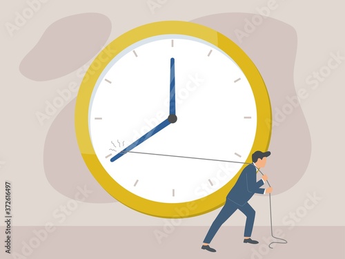 Businessman trying to slow down time. Vector illustration. stop the time