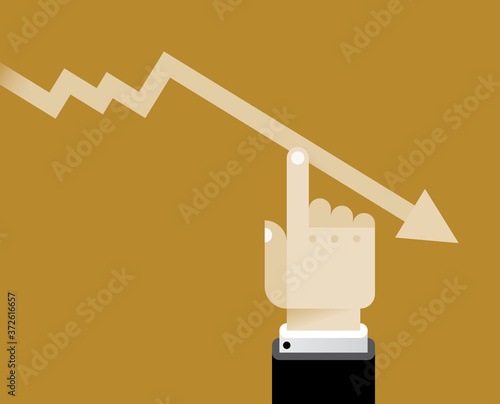 Decreasing business graph arrow moving down by businessman hand. Concepts: Controllable financial crisis, failure, recession, bankruptcy, inflation, bad management, company, economy problems, prices.