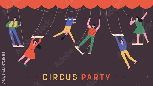 Circus acrobats are riding trapezes.