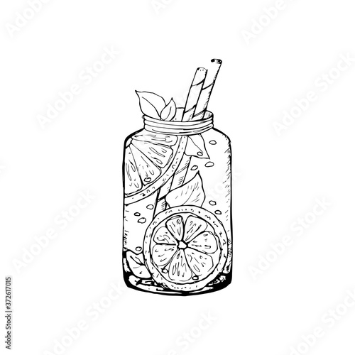 Drinks. A hand-drawn cocktail, a jug of lemonade, fruit juice, and a drink. Sketch of an illustration