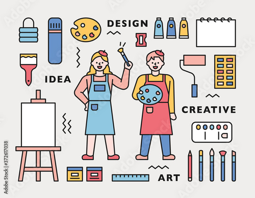 Painter character and various art tools icons.