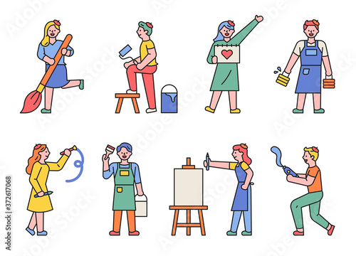 Painter characters are holding various art tools.