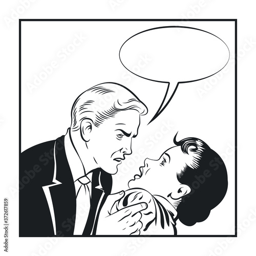 Angry Man and Frightened Woman Comic Book Style Drawing Illustration
