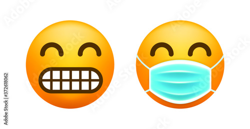 Realistic Cute Emoticon with Face Mask on White Background . Isolated Vector Illustration 