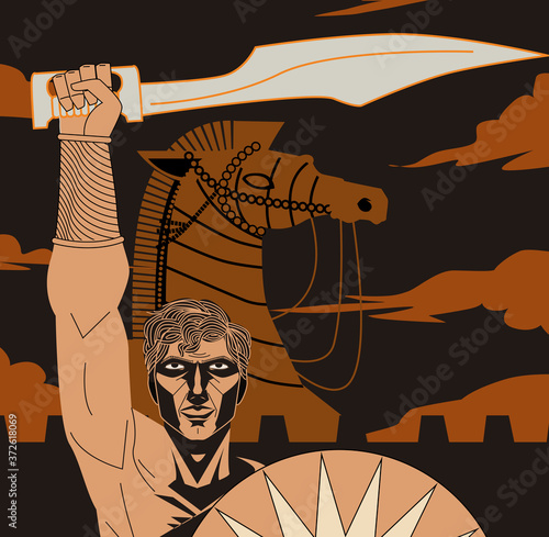 orange and black figures pottery amphora painting of troy war with achilles fighting