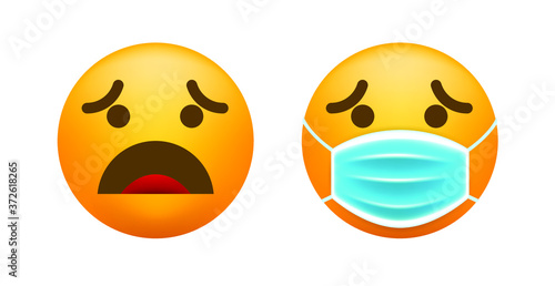Realistic Cute Emoticon with Face Mask on White Background . Isolated Vector Illustration 