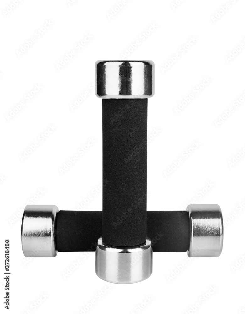 Two dumbbells on white background isolated close up, metal barbells with black arm set, pair of iron fitness bar-bells, sport equipment, bodybuilding concept, healthy lifestyle, gym training, nobody Two dumbbells on white background isolated close up, metal barbells with black arm set, pair of iron fitness bar-bells, sport equipment, bodybuilding concept, healthy lifestyle, gym training, nobody