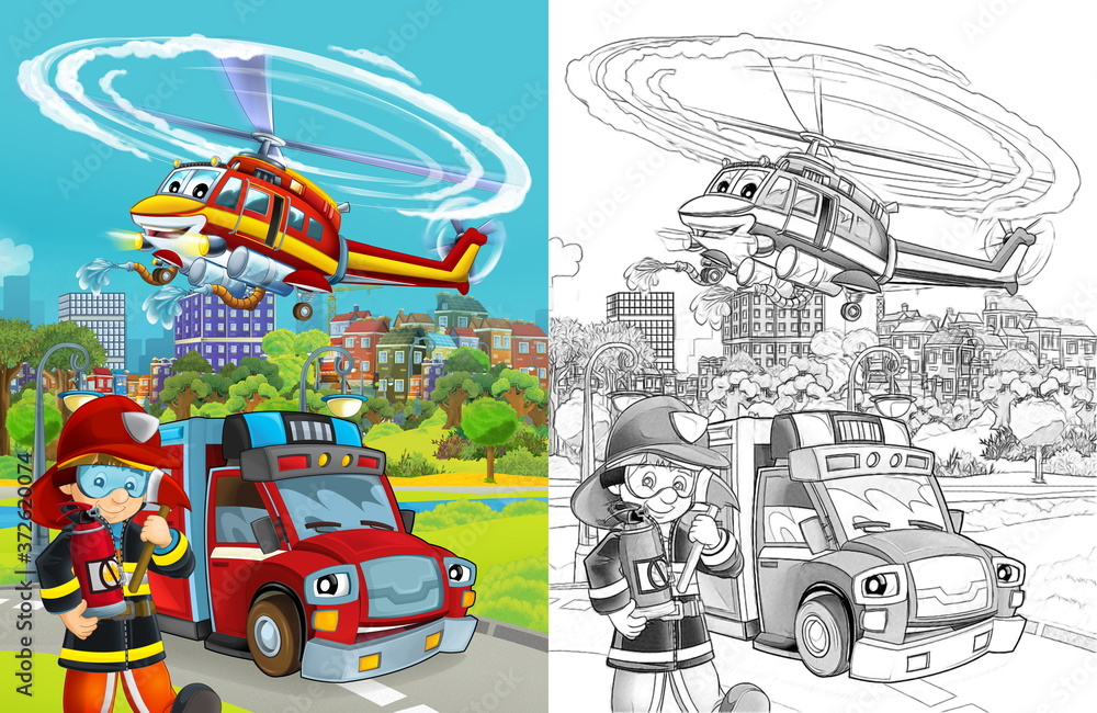 cartoon sketch scene with fire brigade car vehicle on the road