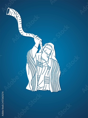 Feast of trumpets.Jewish blowing the shofar horn cartoon graphic vector