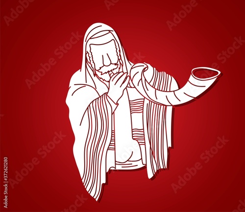 Feast of trumpets.Jewish blowing the shofar horn cartoon graphic vector