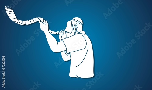 Feast of trumpets.Jewish blowing the shofar horn cartoon graphic vector