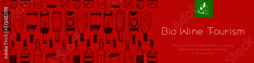 Vector banner wine tour. Bottles pattern for wine shop. Green banner Wine tourism — Winery Tour concept. Background template for biodynamic Organic Wines. Ads for alcohol bar, organic food store.