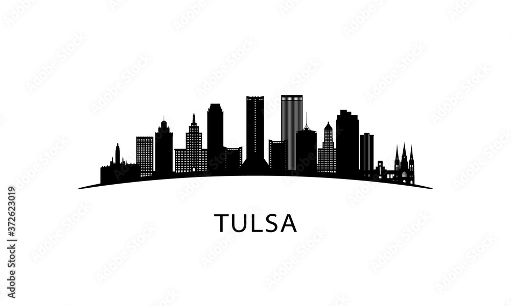 Tulsa city Oklahoma skyline. Black cityscape isolated on white background. Vector banner.