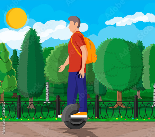 Guy on monocycle wheel. Man with backpack riding electric self balancing scooter. Hipster character uses modern urban transport. Ecological, convenient city transportation. Flat vector illustration
